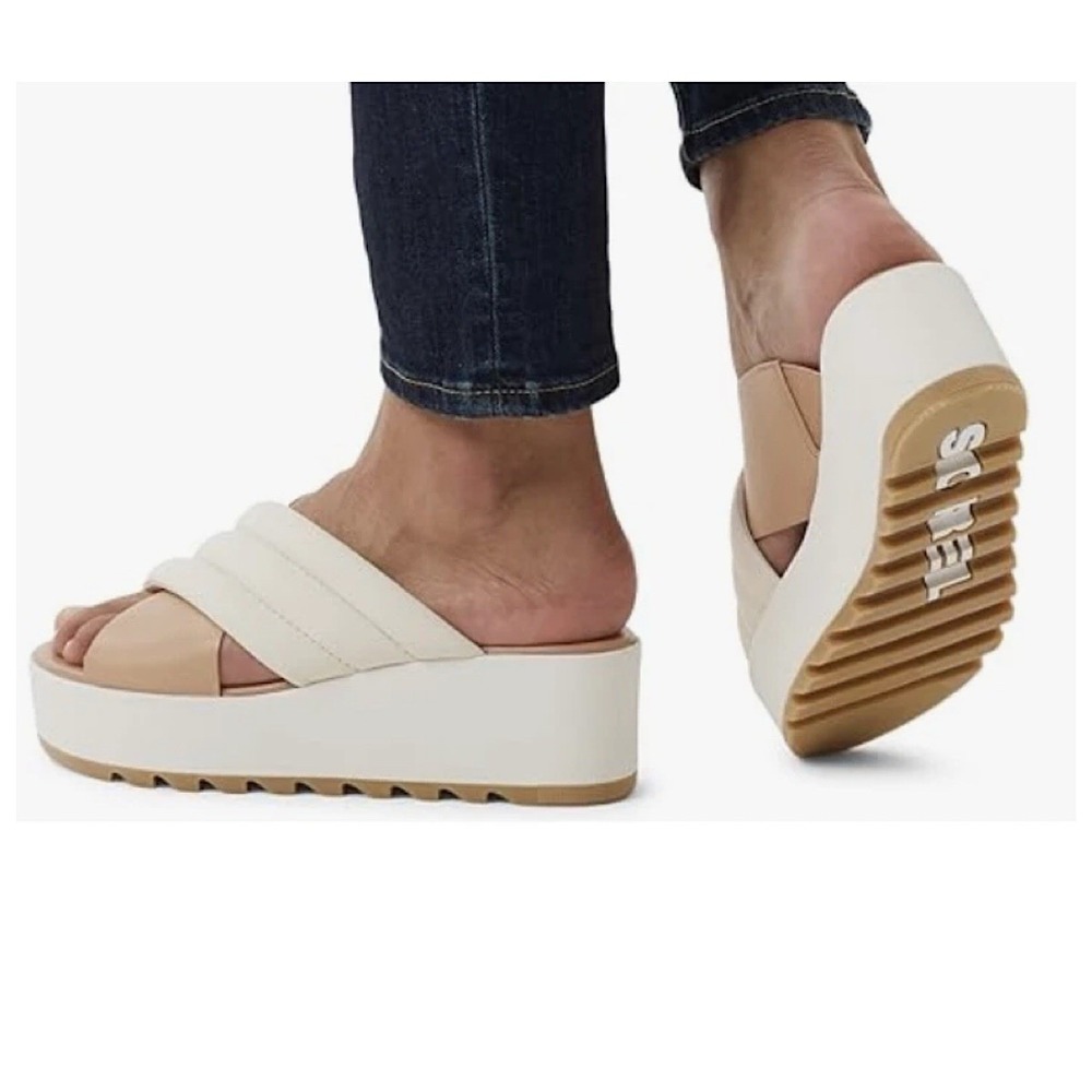 Sorel Cameron Wedge Flatform Puff Mule Sandals Womens Sz 12 Chalk Beige